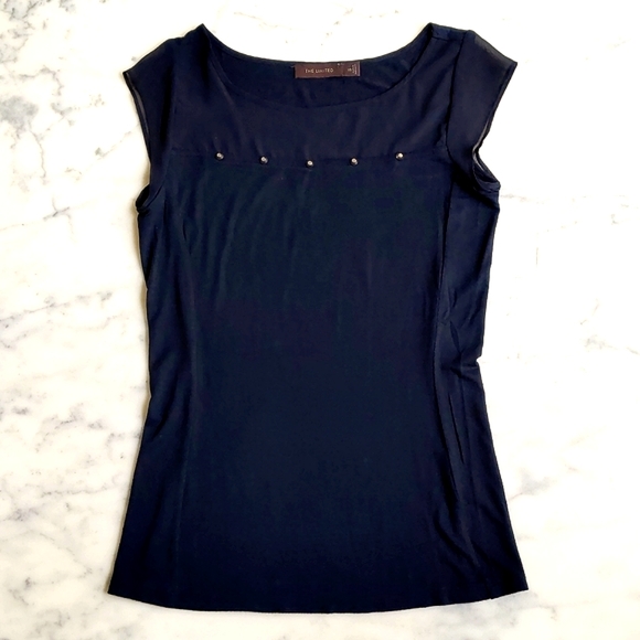 The Limited Rayon Spandex Sleeveless Blouse w/sheer sleeve, front and gold decor - Picture 3 of 4